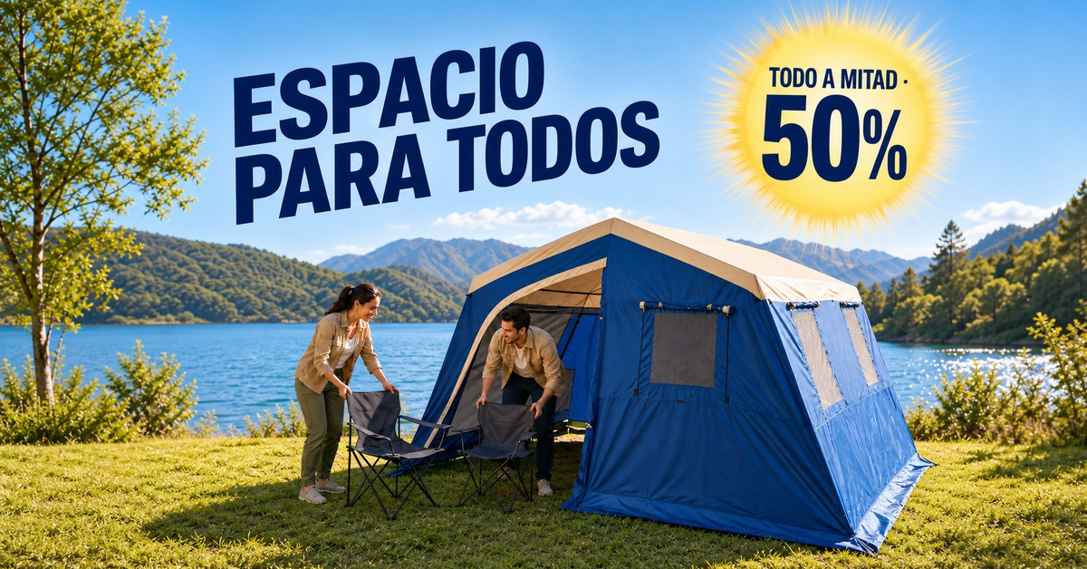 Carpa familiar completa en paisaje de lago